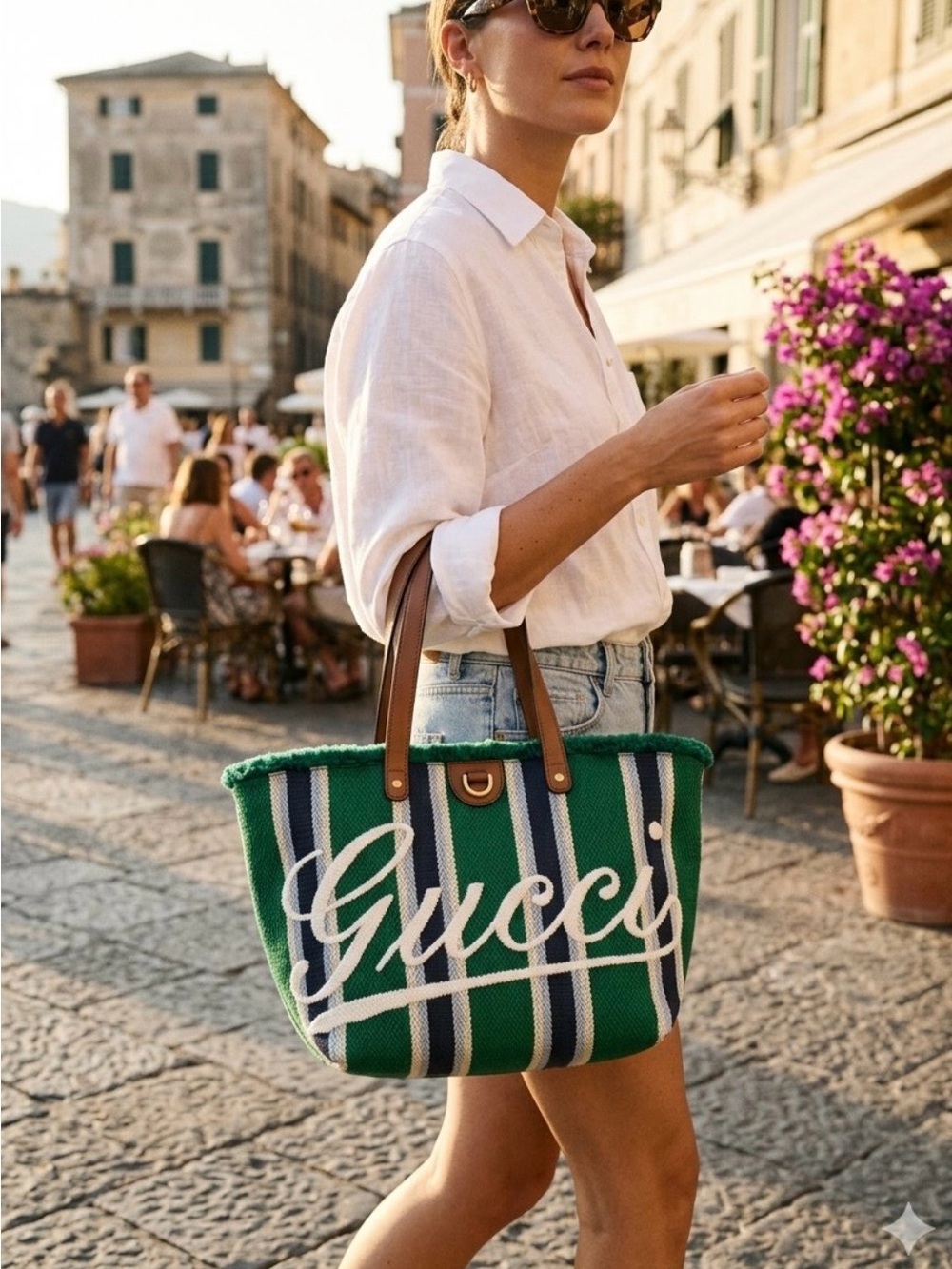Gucci Striped Canvas Tote Bag – Green Multi